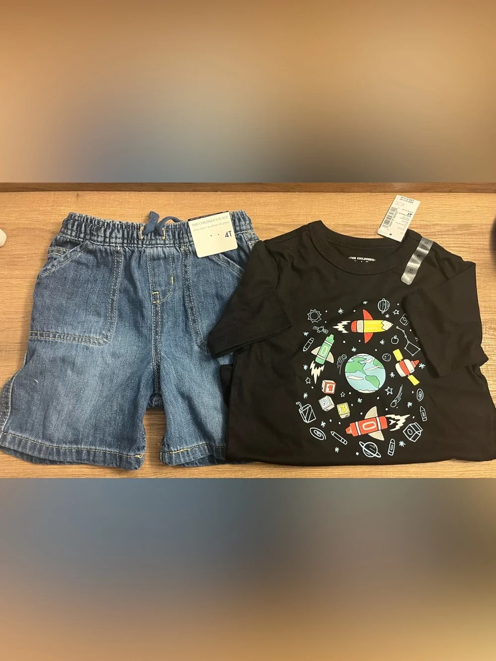 The Children's Place Black Space Graphic Tee and Blue Denim Shorts Set - Picture 1 of 3